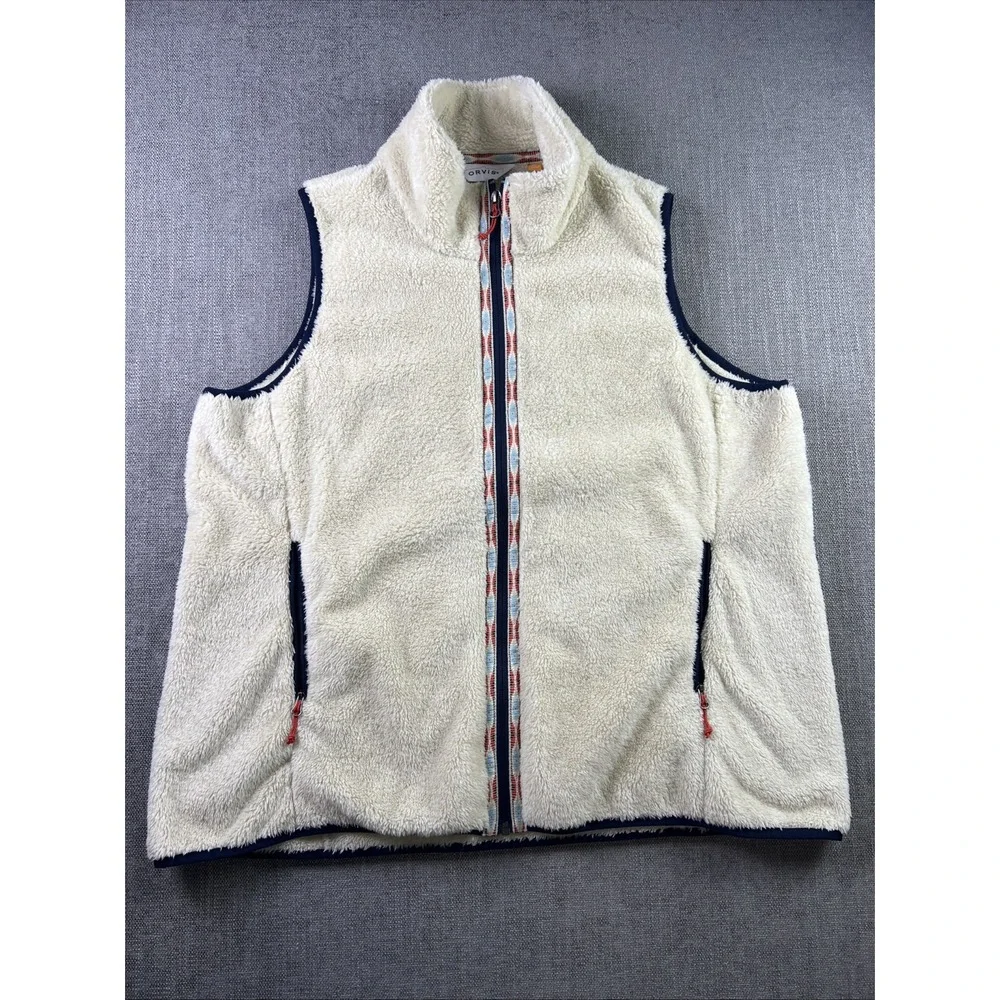 Orvis Sherpa Vest Womens XL Aztec Trim Cream White Full Zip Pockets Preppy‎